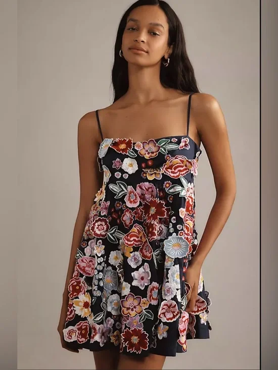 Anthropologie 3D Floral Embroidered Babydoll Mini Dress Navy Size Large - Picture 1 of 11